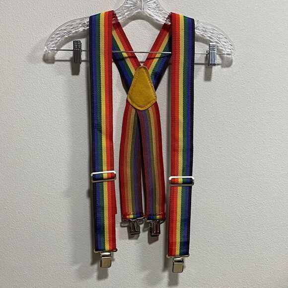 Vintage 80s Rainbow Suspenders 110 Leather Back Metal Clips Pridecore Punk Retro - Picture 6 of 8